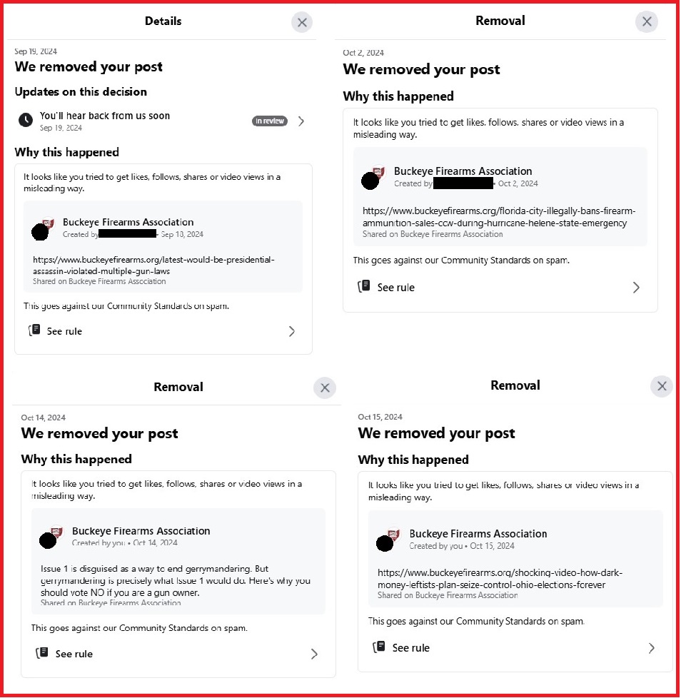 Four images show notifications from Facebook about removal of posts that Facebook wrongly claims violate community standards