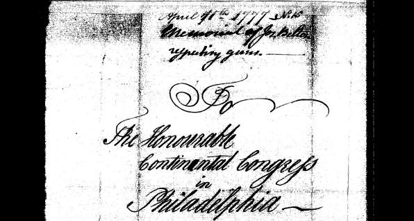 Cover page of Joseph Belton's first letter to the Continental Congress, sent April 11, 1777